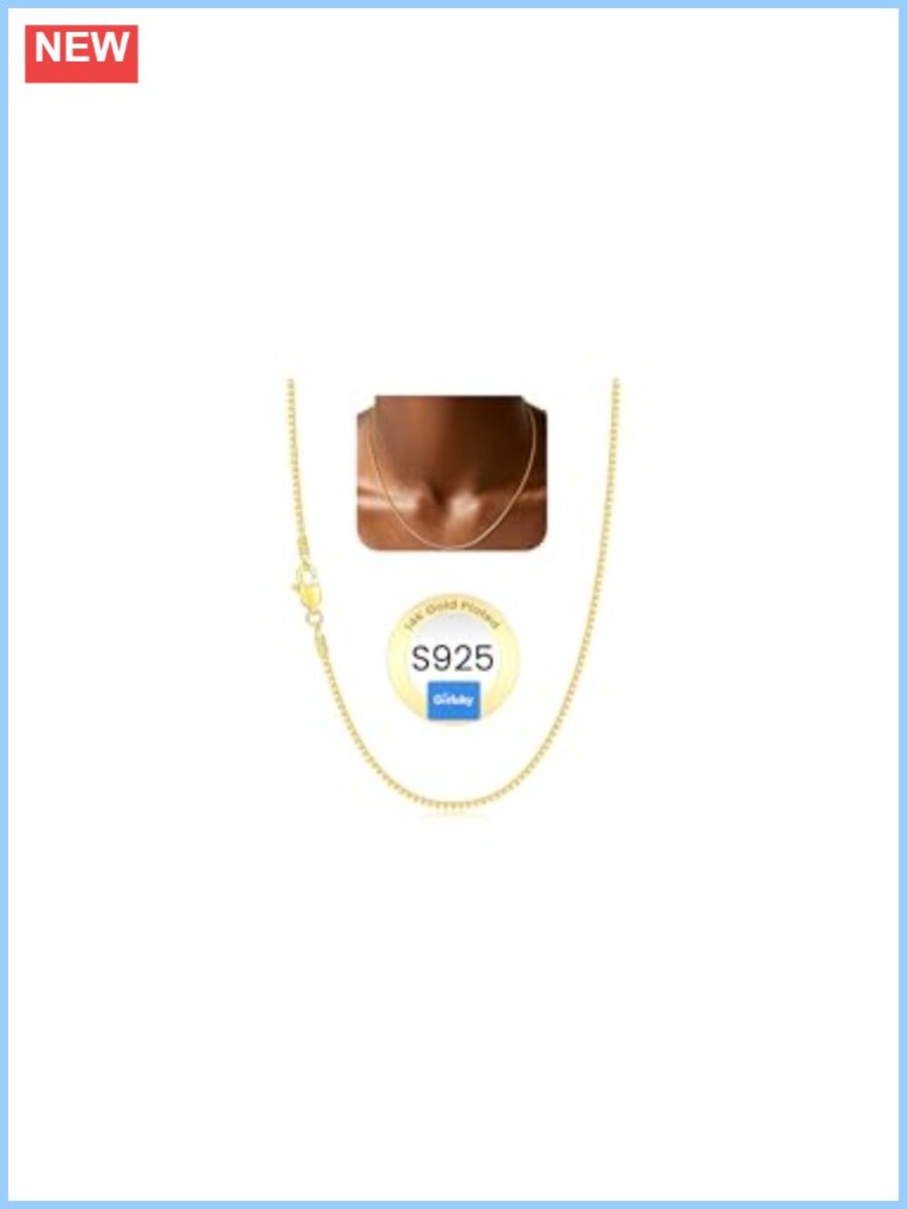 925 Sterling Silver 14K Gold Plated Box Chain Necklace 16 Inch Women